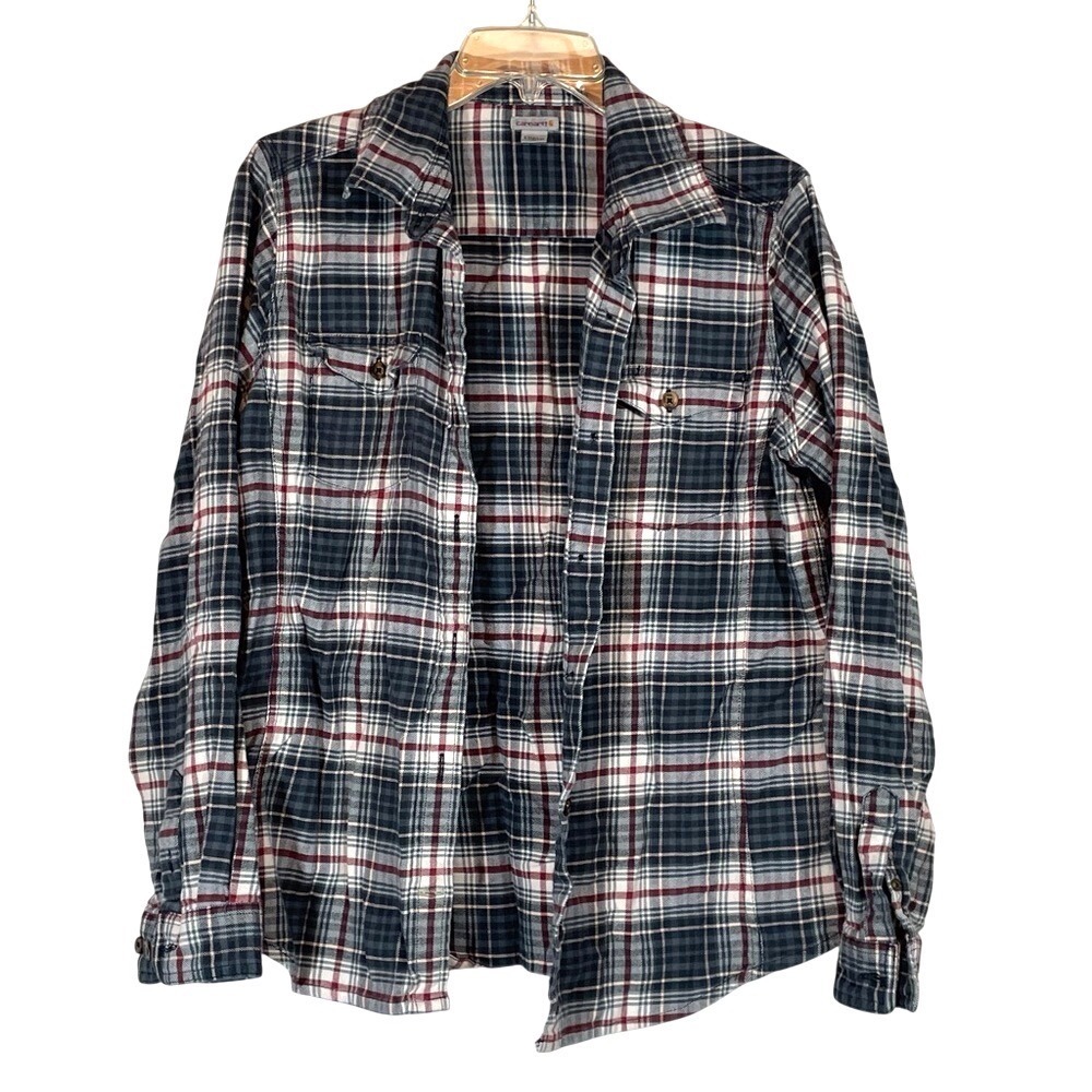 Carhartt Woman's Plaid Flannel Shirt Long Sleeve Button Up Size‎ L 12 14